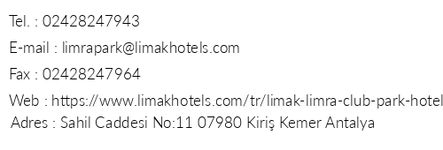 Limak Limra Club Park Hotel telefon numaralar, faks, e-mail, posta adresi ve iletiim bilgileri